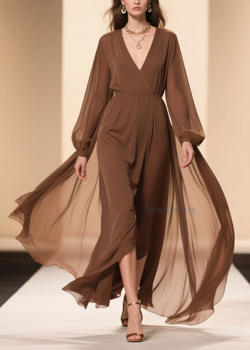 Coffee Wrinkled Chiffon Maxi Dresses V Neck