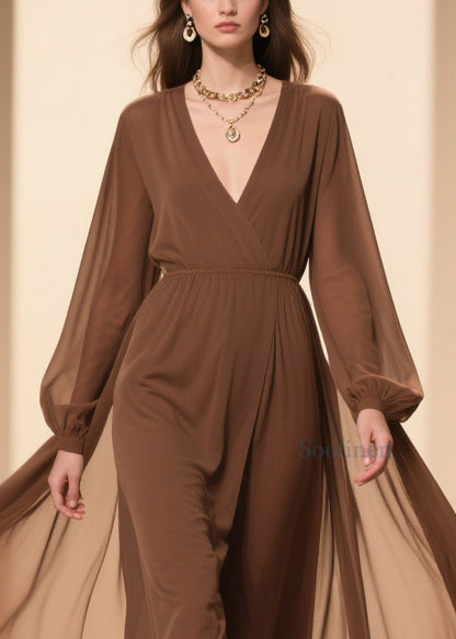 Coffee Wrinkled Chiffon Maxi Dresses V Neck