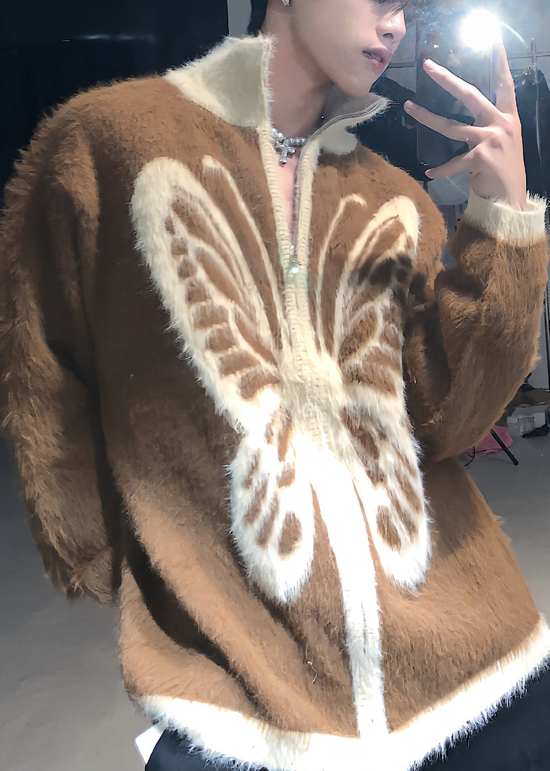 Coffee Zip Up Butterfly Cozy Knit Coat Stand Collar