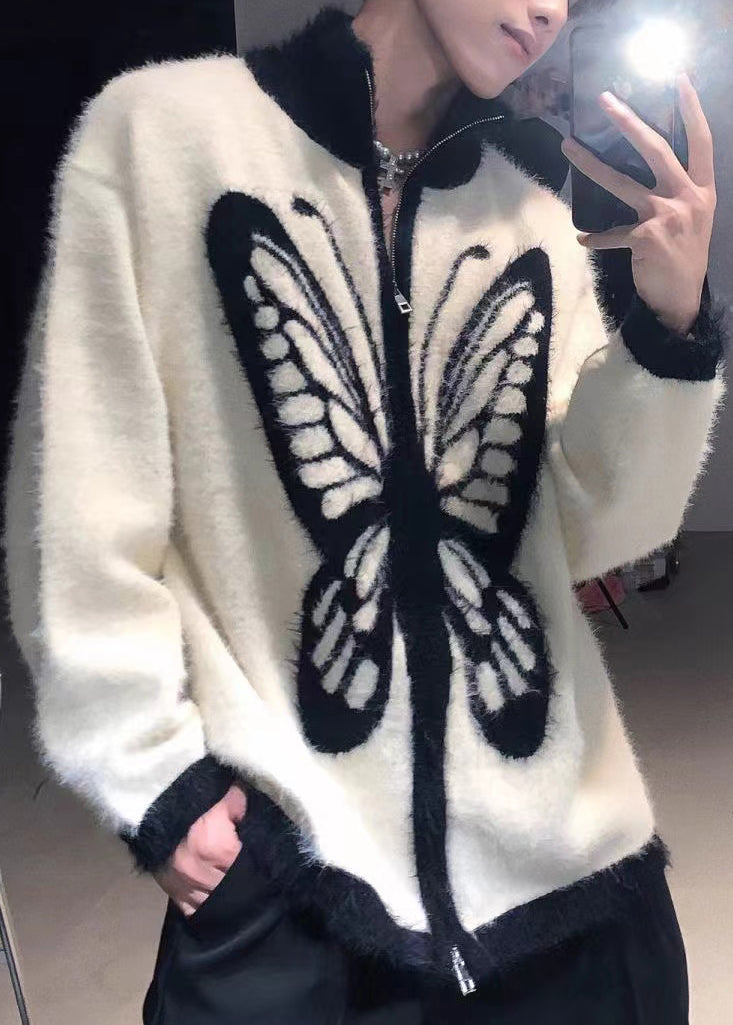 Coffee Zip Up Butterfly Cozy Knit Coat Stand Collar