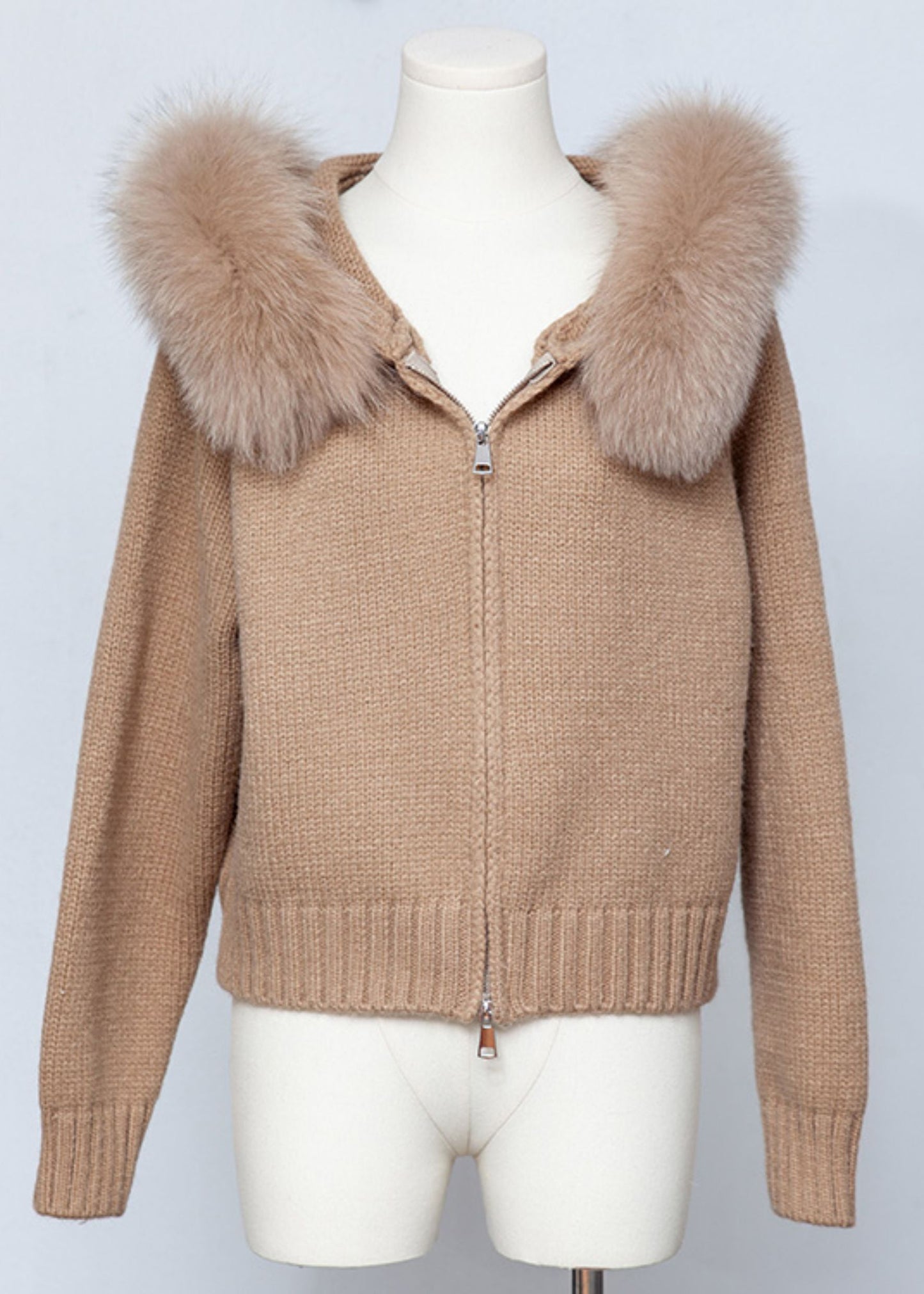 Coffee Zippered Patchwork Knit Spring Coats Hooded