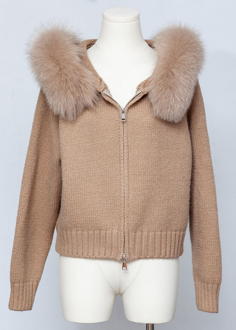 Coffee Zippered Patchwork Knit Spring Coats Hooded