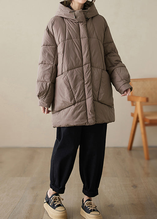 Coffee Zippered Pockets Fine Cotton Filled Parka Hooded Winter