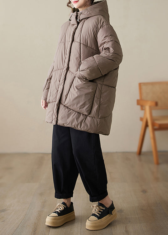 Coffee Zippered Pockets Fine Cotton Filled Parka Hooded Winter