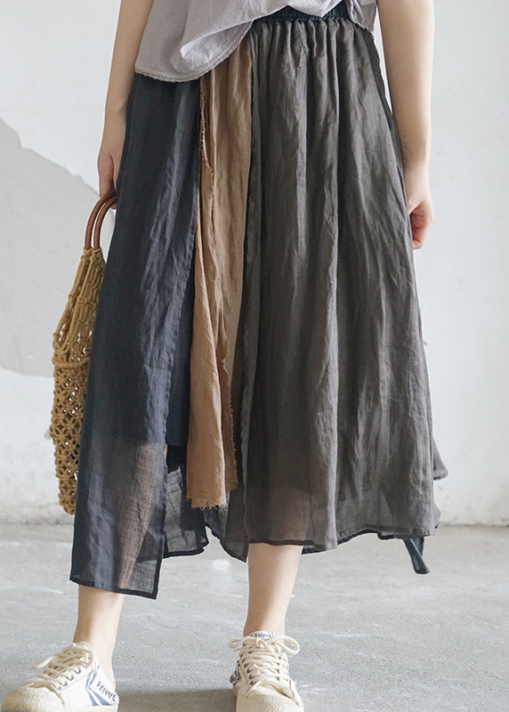 Chocolate Pocket Patchwork Linen Skirt Elastic Waist Spring
