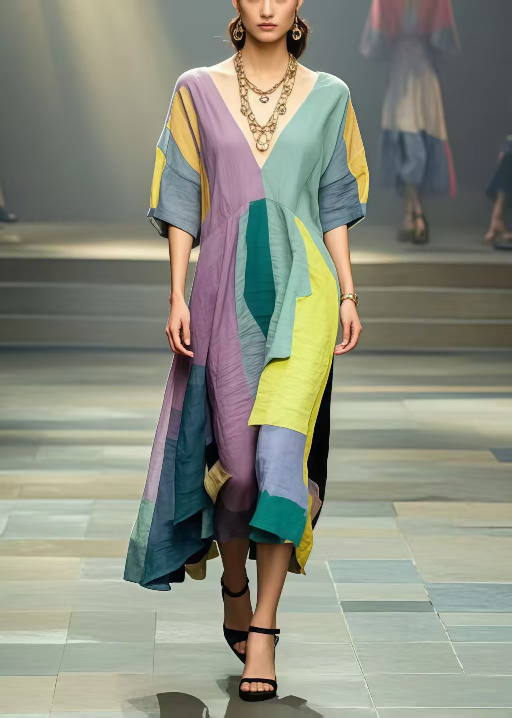 Colorblock Patchwork Cotton Long Dresses Asymmetrical Summer