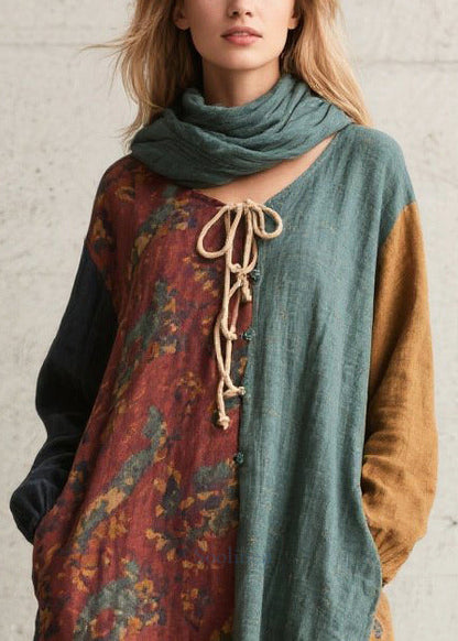 Colorblock Patchwork Cotton Vacation Dress Oversized Fall