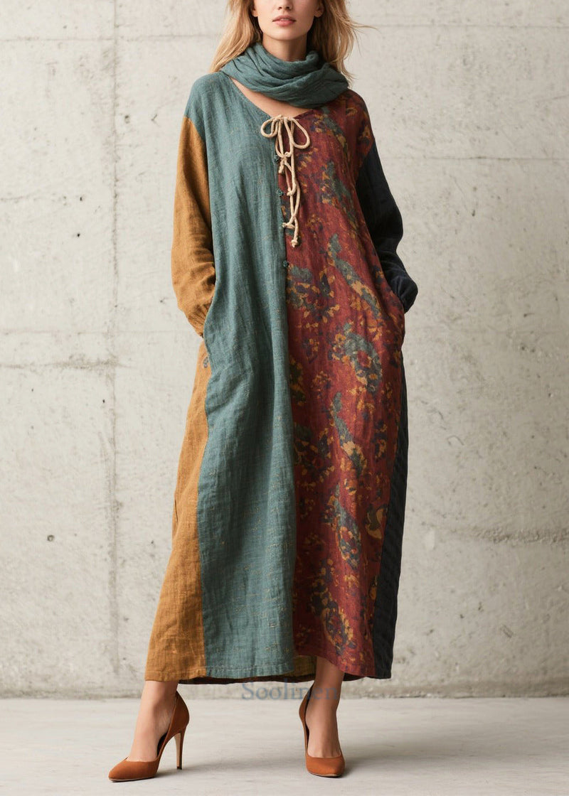 Colorblock Patchwork Cotton Vacation Dress Oversized Fall