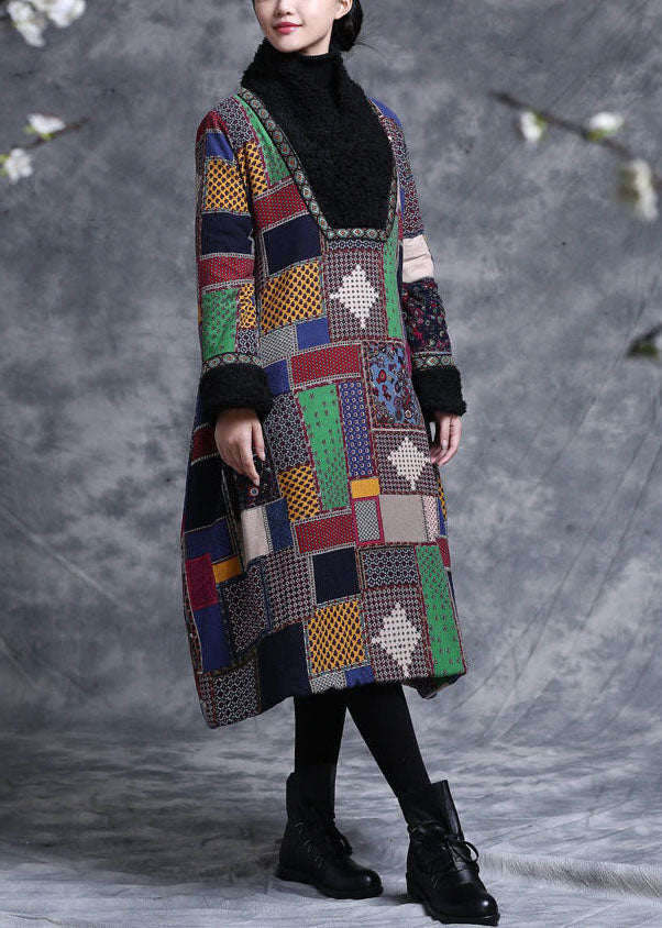 Colorblock Plaid Fine Cotton Filled a Line Dresses Teddy Faux Fur Collar Winter