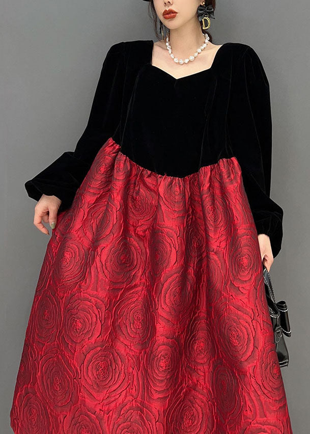 Colorblock U Neck Puff Sleeve Velour Patchwork Silk Princess Dress