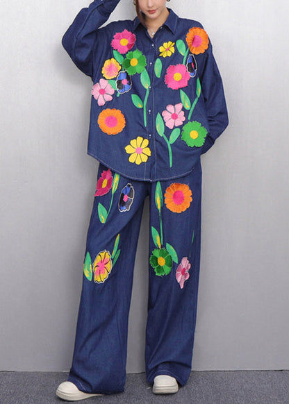 Colorful Navy Button Shirts and Pants Denim Two Pieces Set Fall