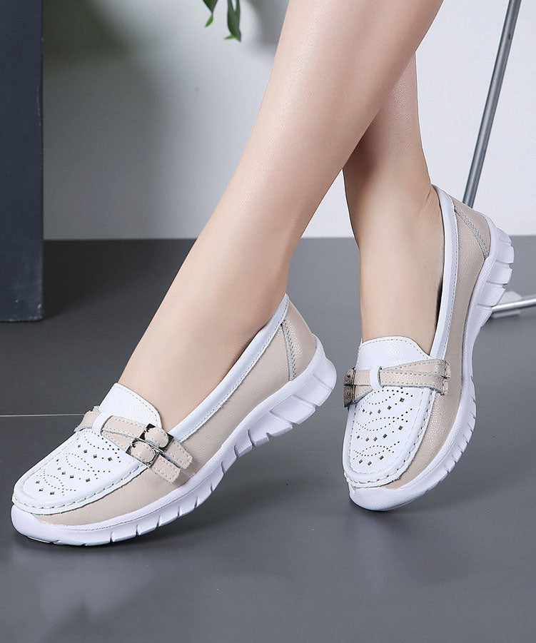 Comfortable Breathable Faux Leather Splicing Beige Flat Shoes