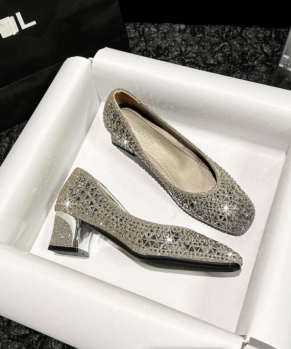 Comfortable Champagne Chunky High Heels Sparkly Faux Leather