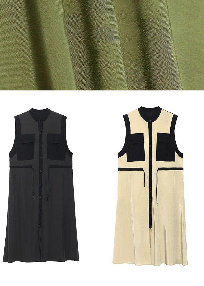 Comfy Army Green Patchwork Button Tie Waist Summer Long Dress