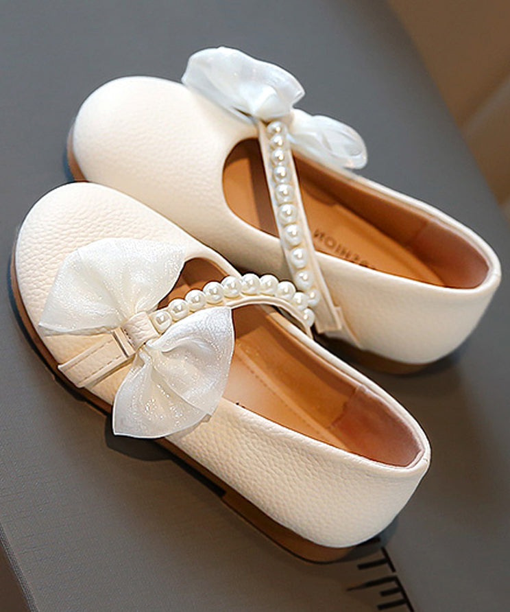 Comfy Beige Faux Leather Kids Flats Bow Nail Bead Buckle Strap