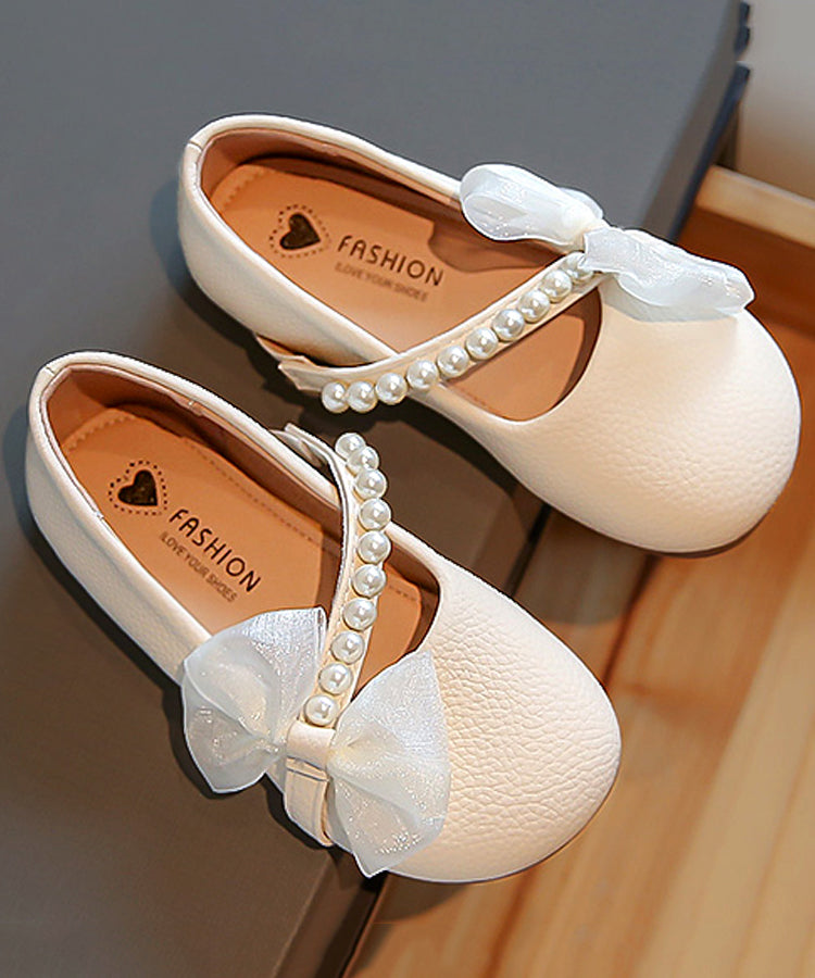 Comfy Beige Faux Leather Kids Flats Bow Nail Bead Buckle Strap