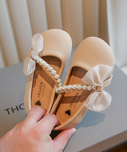 Comfy Beige Faux Leather Kids Flats Bow Nail Bead Buckle Strap
