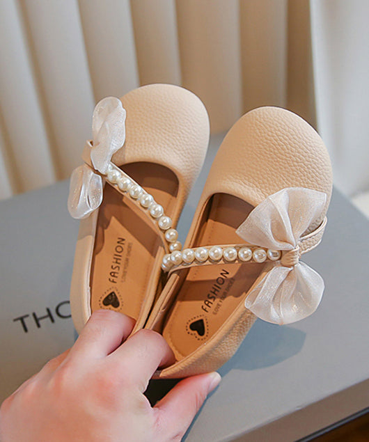 Comfy Beige Faux Leather Kids Flats Bow Nail Bead Buckle Strap