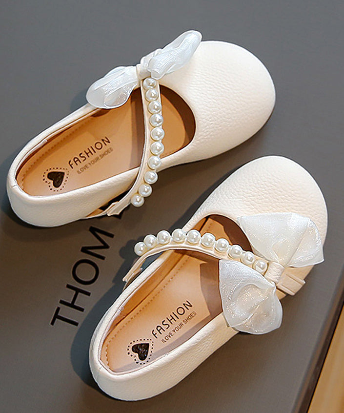 Comfy Beige Faux Leather Kids Flats Bow Nail Bead Buckle Strap