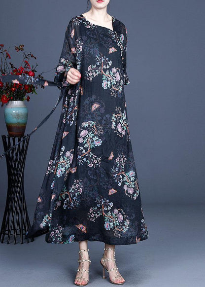 Comfy Black Retro Print Oriental Summer Chiffon Summer Dress