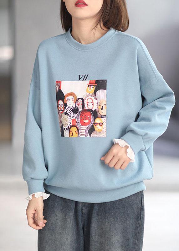 Comfy Blue Casual O-Neck Print Fall Sweatshirt