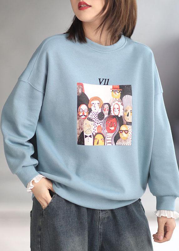 Comfy Blue Casual O-Neck Print Fall Sweatshirt