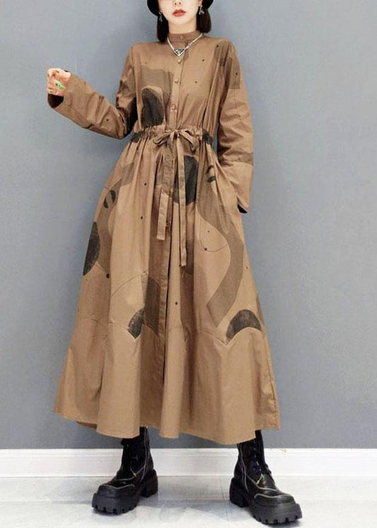 Comfy Brown Pockets Tie Waist Fall Long Sleeve Dresses