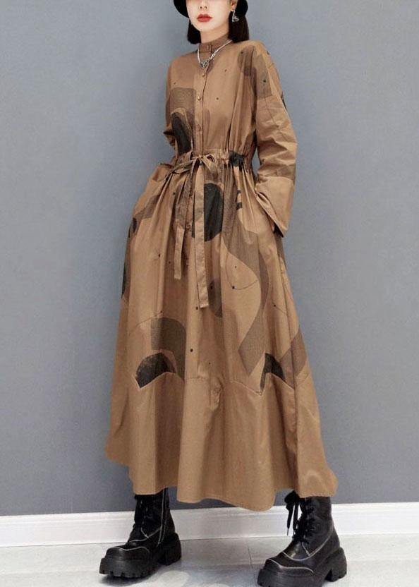 Comfy Brown Pockets Tie Waist Fall Long Sleeve Dresses