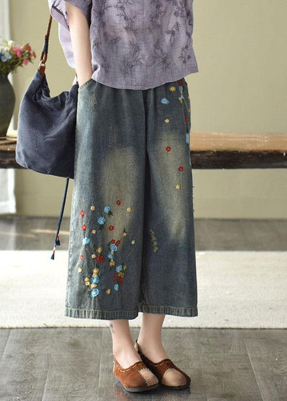 Comfy Dark Color Embroideried Hole Wide Leg Denim Pants