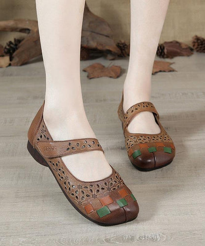 Comfy Hollow Out Loafers for Khaki Cowhide Leather
