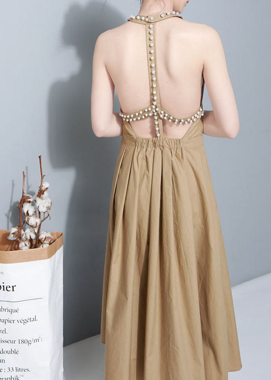 Comfy Khaki Nail Bead Patchwork Fall Maxi Dresses Sleeveless