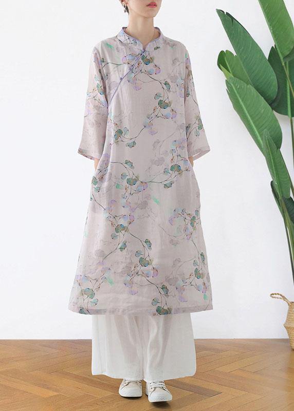 Comfy Light Purple Print Oriental Ramie Maxi Dresses Fall