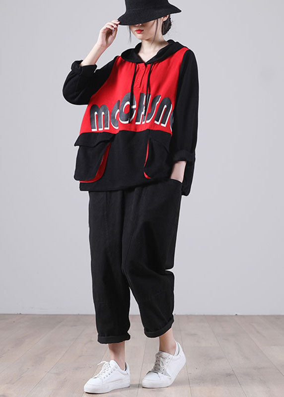 Comfy Red Hooded Drawstring Pockets Fall Patchwork Pullover Street Wear