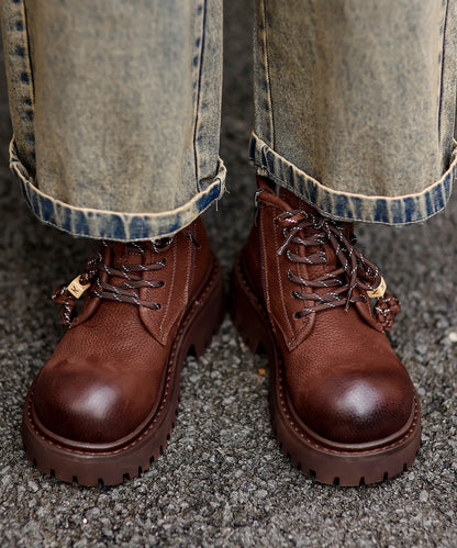 Comfy Splicing Platform Boots Coffee Cowhide Leather Fuzzy Wool Lined