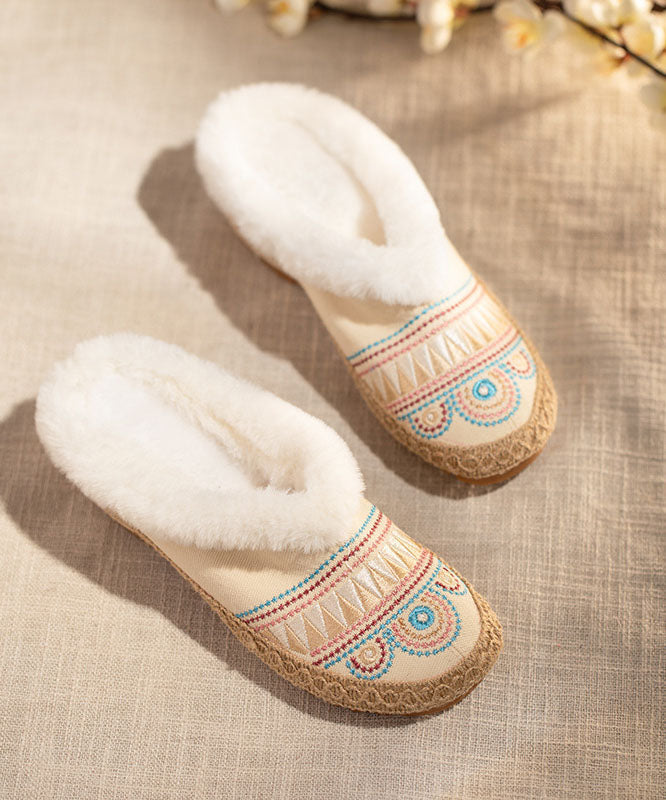 Comfy Splicing Beige Fuzzy Wool Lined Slippers Shoes