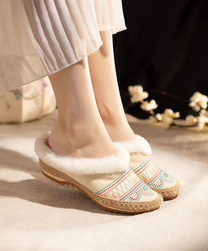 Comfy Splicing Beige Fuzzy Wool Lined Slippers Shoes