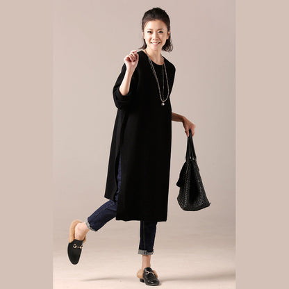 Comfy Sweater Outfits Side Open Black Diy Knitted Tops O Neck