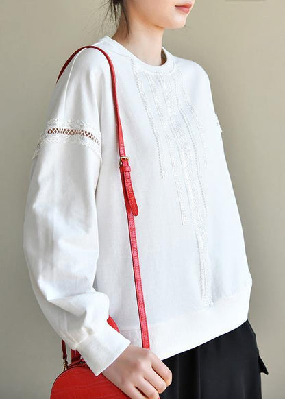 Comfy White Cotton Long sleeve Loose Sweatshirts Top