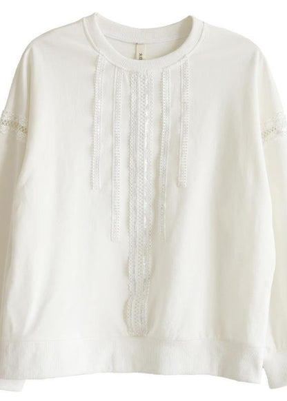 Comfy White Cotton Long sleeve Loose Sweatshirts Top