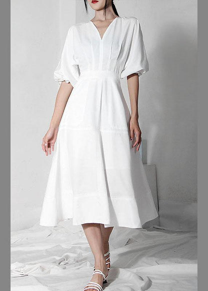 Comfy White V Neck Cotton Lantern Sleeve Summer Dress