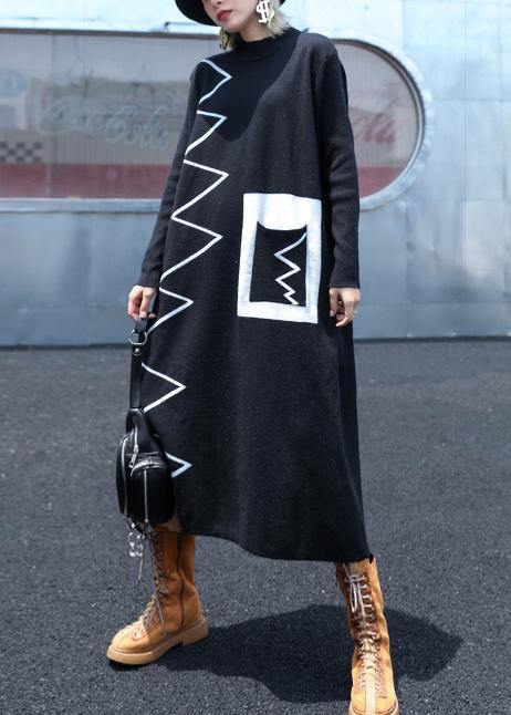 Comfy Black Striped Sweater Outfits Refashion High Neck Largo Knitted Tops