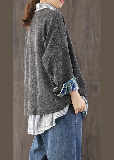 Comfy Fall Gray Knitwear Patchwork Knitted Pullover