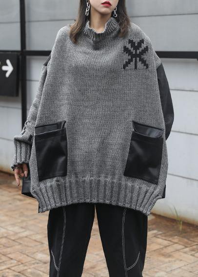 Comfy Gray Clothes O Neck Patchwork Oversize Fall Knitwear