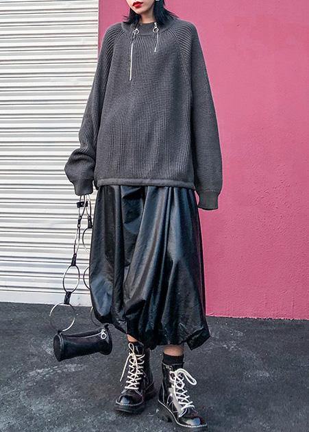 Comfy Gray Knit Tops Wild Oversize Zippered Knit Tops