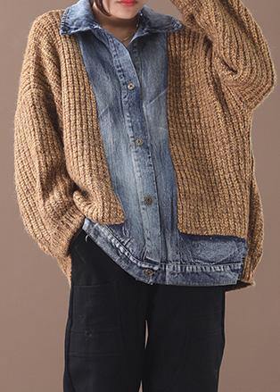Comfy Patchwork Khaki Knit Tops Oversize Lapel Collar Knit Blouse