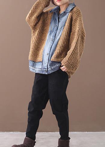 Comfy Patchwork Khaki Knit Tops Oversize Lapel Collar Knit Blouse