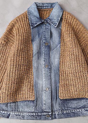 Comfy Patchwork Khaki Knit Tops Oversize Lapel Collar Knit Blouse