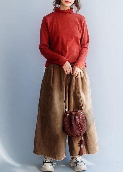 Comfy red sweater tops wild trendy plus size high neck knitwear