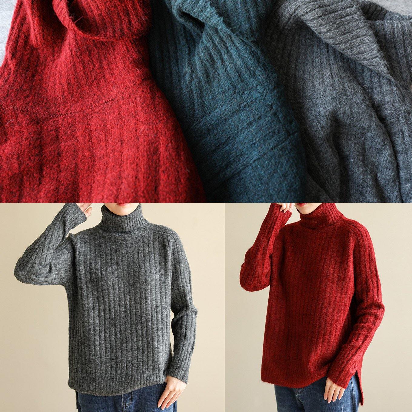 Comfy Spring Red Knit Tops Fall High Neck Knit Blouse