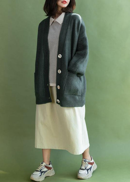 Comfy V Neck Knitwear Fall Army Green Pockets